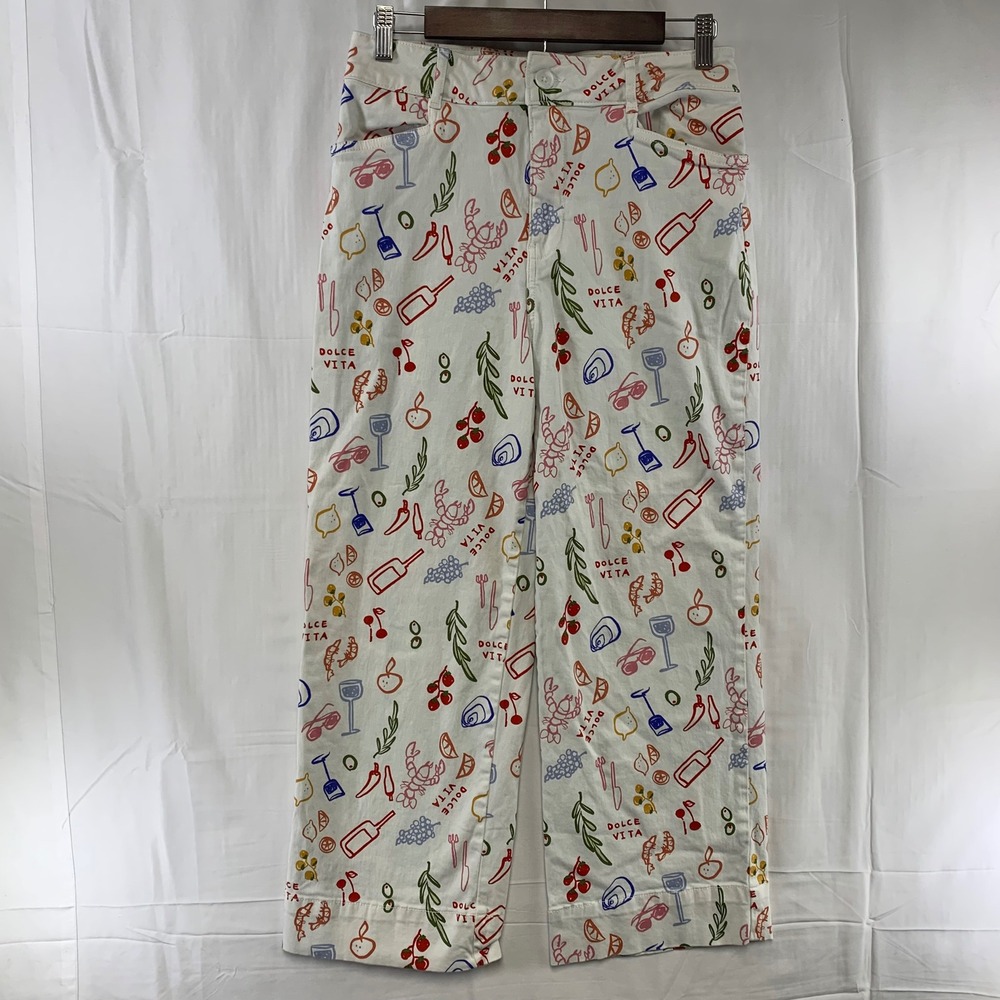 Bagatelle Wide Leg Pants Womens 8‎ White Dolce Vita Novelty Print Cotton Blend